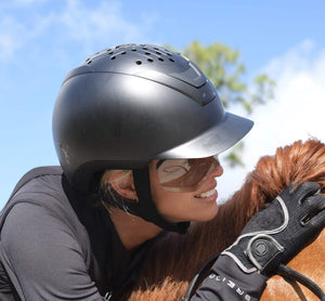 Adult riding helmet and vest bundle with grey magnetic lenses